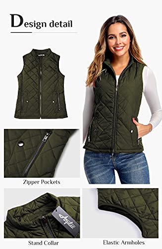 Argstar Women's Quilted Puffer Vest, Stand Collar Lightweight Zip Padded Sleeveless Outerwear Gilet Army Green