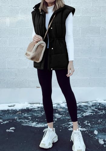 BTFBM Women's Casual Outerwear Vest Button Down Zip Up Padded Gilet Drawstring Sleeveless Jackets Coats with Pockets(Solid Black, Large)