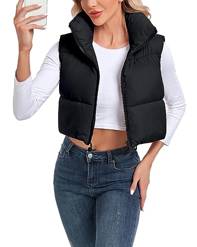 Cityork Puffer Vest Women Stand Collar Zipper Cropped Vest Lightweight Sleeveless Warm Padded Gilet Coat Black M