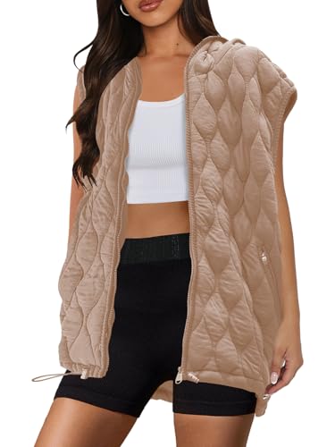 SENSERISE Womens Oversized Puffer Vest Sleeveless Quilted Jacket Zip Up Hoodie Winter Coat with Pockets Padded Gilet(Light Khaki,S)