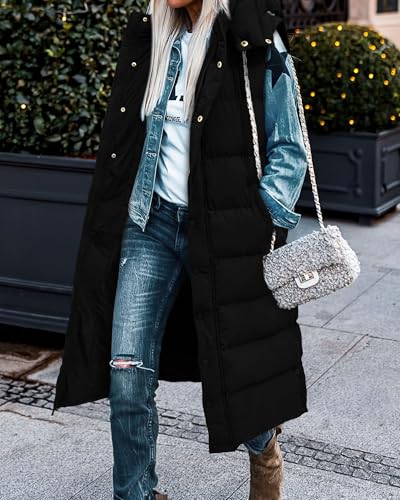 BTFBM Long Puffer Vest Women Quilted Hooded Button Down Zip Up Sleeveless Vests Outerwear Padded Jacket Winter Coat 2024(Black, Medium)