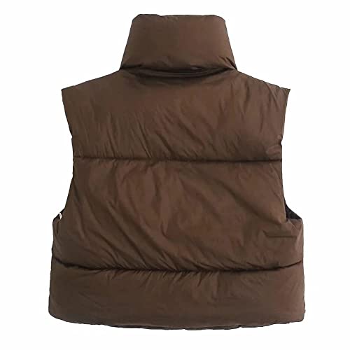 KEOMUD Women's Winter Crop Vest Lightweight Sleeveless Warm Outerwear Puffer Vest Padded Gilet Brown Medium