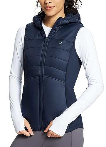 BALEAF Women's Puffer Vest Lightweight Hooded Slim Fit Running FLeece Lined Hybrid Sleeveless Warm up Winter Navy Blue M