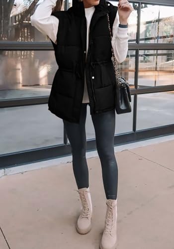 BTFBM Women's Casual Outerwear Vest Button Down Zip Up Padded Gilet Drawstring Sleeveless Jackets Coats with Pockets(Solid Black, Large)