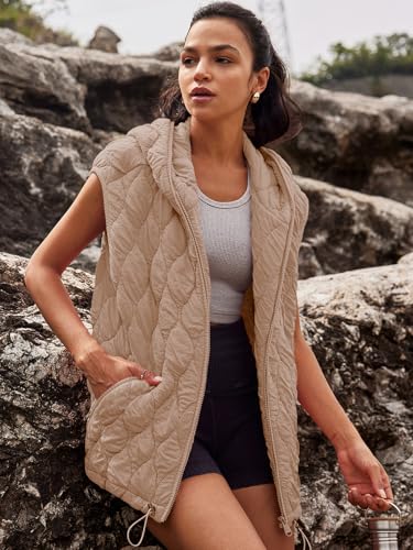 SENSERISE Womens Oversized Puffer Vest Sleeveless Quilted Jacket Zip Up Hoodie Winter Coat with Pockets Padded Gilet(Light Khaki,S)