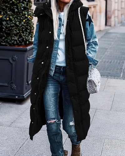 BTFBM Long Puffer Vest Women Quilted Hooded Button Down Zip Up Sleeveless Vests Outerwear Padded Jacket Winter Coat 2024(Black, Medium)