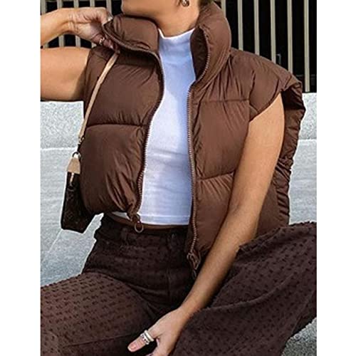 Songling Women's Winter Crop Vest Sleeveless Zip Up Stand Collar Lightweight Puffer Padded Vest(Brown,M)