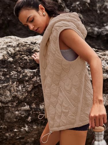 SENSERISE Womens Oversized Puffer Vest Sleeveless Quilted Jacket Zip Up Hoodie Winter Coat with Pockets Padded Gilet(Light Khaki,S)