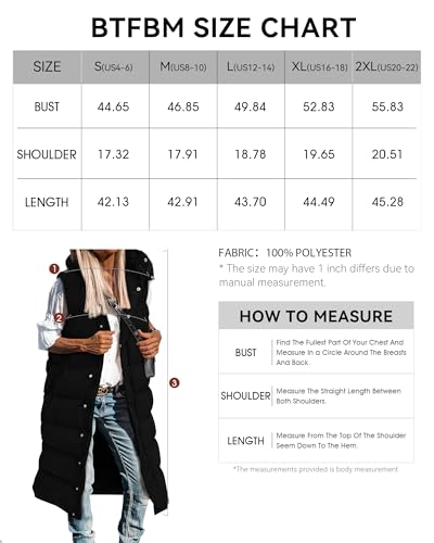 BTFBM Long Puffer Vest Women Quilted Hooded Button Down Zip Up Sleeveless Vests Outerwear Padded Jacket Winter Coat 2024(Black, Medium)