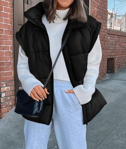 PRETTYGARDEN Women's Puffer Vest Fall Casual Stand Collar Lightweight Sleeveless Zip Up Padded Jackets Outerwear (Black,X-Large)