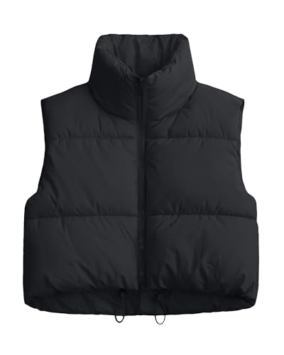 Cityork Puffer Vest Women Stand Collar Zipper Cropped Vest Lightweight Sleeveless Warm Padded Gilet Coat Black M