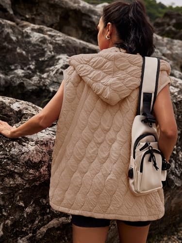 SENSERISE Womens Oversized Puffer Vest Sleeveless Quilted Jacket Zip Up Hoodie Winter Coat with Pockets Padded Gilet(Light Khaki,S)