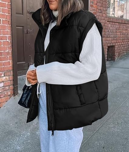 PRETTYGARDEN Women's Puffer Vest Fall Casual Stand Collar Lightweight Sleeveless Zip Up Padded Jackets Outerwear (Black,X-Large)