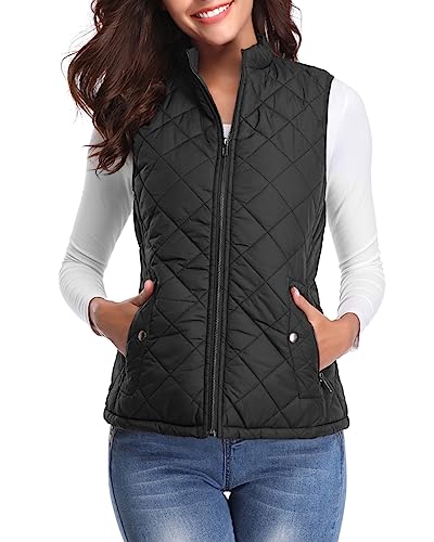 Fuinloth Women's Quilted Vest, Stand Collar Lightweight Zip Padded Gilet Black 2X