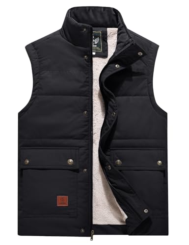 Flygo Men's Winter Warm Outdoor Padded Puffer Vest Thick Fleece Lined Sleeveless Jacket (Black XL)