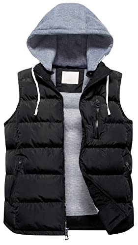 CREATMO US Men's Casual Padded Vest Coats Outdoor Heavy Duty Hooded Vest Sleeveless Jacket Black XL