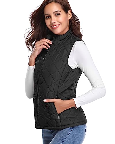 Fuinloth Women's Quilted Vest, Stand Collar Lightweight Zip Padded Gilet Black 2X