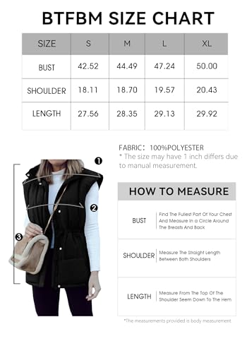 BTFBM Women's Casual Outerwear Vest Button Down Zip Up Padded Gilet Drawstring Sleeveless Jackets Coats with Pockets(Solid Black, Large)