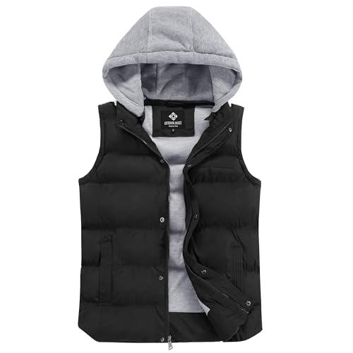 CorBuyit Men's Outdoor Winter Puffer Vest, Sleeveless Jacket with Padded and Detachable Hood - Ideal Outerwear for Cold Weather, Black, XL