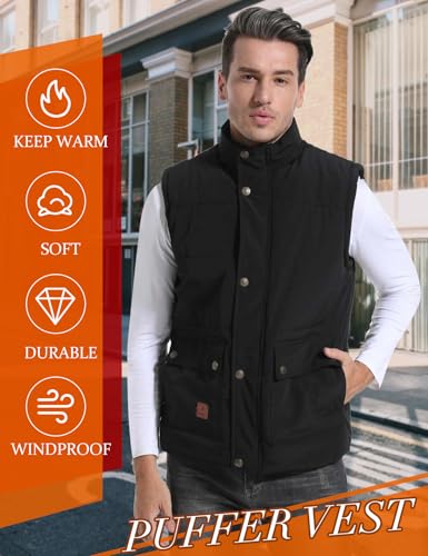 Flygo Men's Winter Warm Outdoor Padded Puffer Vest Thick Fleece Lined Sleeveless Jacket (Black XL)
