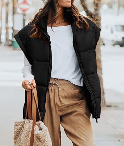 PRETTYGARDEN Women's Puffer Vest Fall Casual Stand Collar Lightweight Sleeveless Zip Up Padded Jackets Outerwear (Black,X-Large)