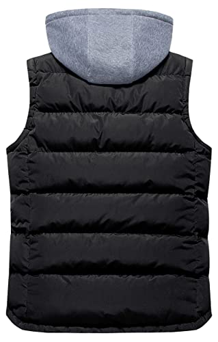 CREATMO US Men's Casual Padded Vest Coats Outdoor Heavy Duty Hooded Vest Sleeveless Jacket Black XL