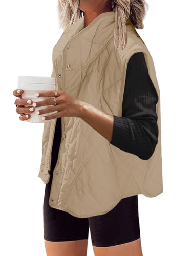 SENSERISE Womens Puffer Vest Quilted Vest Oversized Lightweight Vests Outerwear Button Down Winter Padded Jacket(Light Khaki Beige,M)