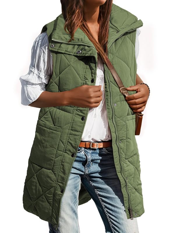 Dokotoo Long Green Puffer Vest Women Warm Padded Gilet Casual Zip-Up Pocketed Sleeveless Outerwear Jacket Winter Coats for Women Quilted Vest 2024 Fashion Medium