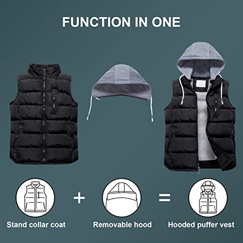 CREATMO US Men's Casual Padded Vest Coats Outdoor Heavy Duty Hooded Vest Sleeveless Jacket Black XL