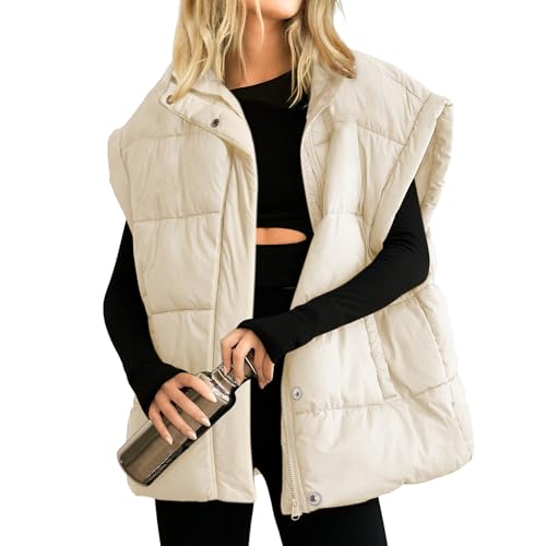 Songling Womens Oversized Puffer Vest Stand Collar Full Zip Sleeveless Bubble Puffer Vest Quilted Padded Warm Coat Outwear (Beige,S)