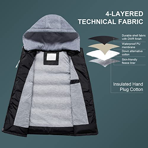 CREATMO US Men's Casual Padded Vest Coats Outdoor Heavy Duty Hooded Vest Sleeveless Jacket Black XL