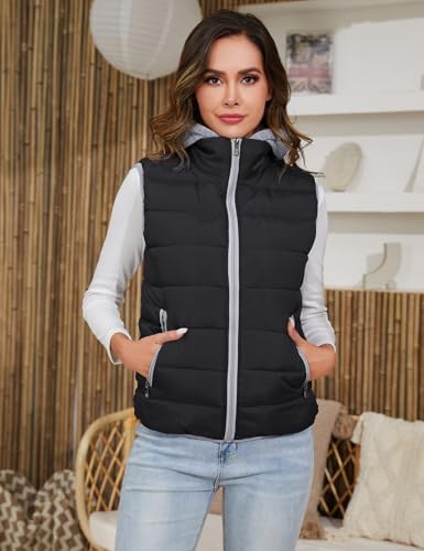 Gihuo Women's Puffer Vest Zip Up Quilted Padded Winter Sleeveless Hooded Vest Gilet Warm Jacket Outerwear Vest(-Black-XLarge)