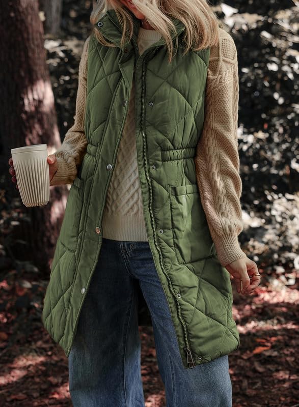 Dokotoo Long Green Puffer Vest Women Warm Padded Gilet Casual Zip-Up Pocketed Sleeveless Outerwear Jacket Winter Coats for Women Quilted Vest 2024 Fashion Medium