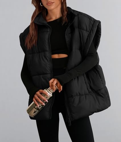 PRETTYGARDEN Women's Puffer Vest Fall Casual Stand Collar Lightweight Sleeveless Zip Up Padded Jackets Outerwear (Black,X-Large)