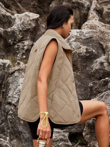 SENSERISE Womens Puffer Vest Quilted Vest Oversized Lightweight Vests Outerwear Button Down Winter Padded Jacket(Light Khaki Beige,M)
