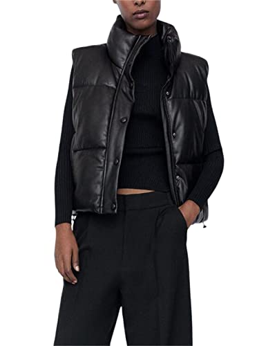 Yidarer Women's PU Leather Puffer Vest Stand Collar Padded Vest Sleeveless Quilted Lightweight Jacket (Black, M)