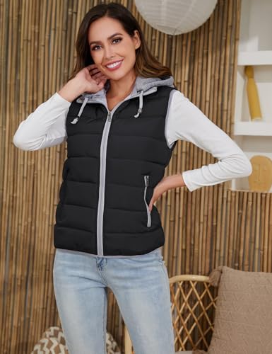 Gihuo Women's Puffer Vest Zip Up Quilted Padded Winter Sleeveless Hooded Vest Gilet Warm Jacket Outerwear Vest(-Black-XLarge)