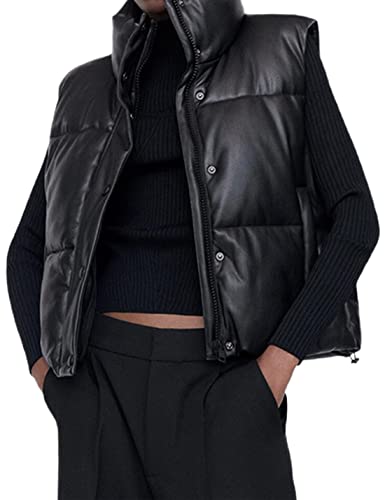 Yidarer Women's PU Leather Puffer Vest Stand Collar Padded Vest Sleeveless Quilted Lightweight Jacket (Black, M)