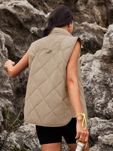 SENSERISE Womens Puffer Vest Quilted Vest Oversized Lightweight Vests Outerwear Button Down Winter Padded Jacket(Light Khaki Beige,M)