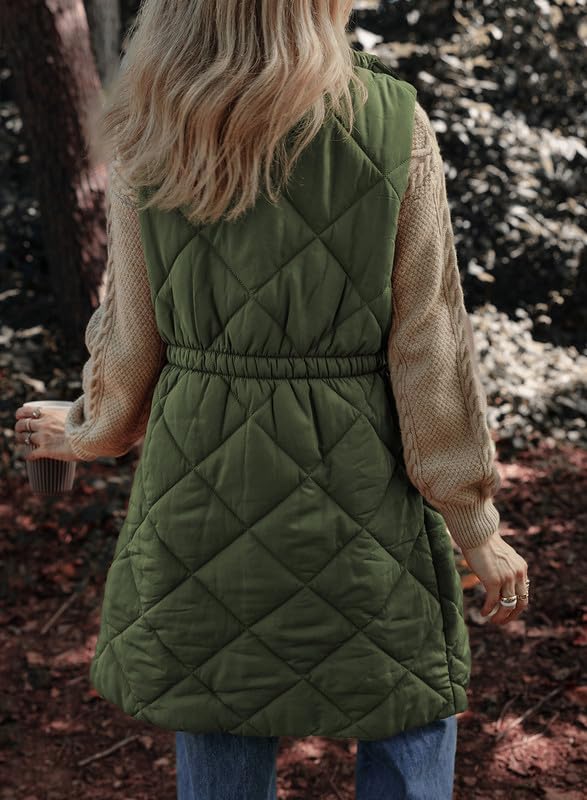 Dokotoo Long Green Puffer Vest Women Warm Padded Gilet Casual Zip-Up Pocketed Sleeveless Outerwear Jacket Winter Coats for Women Quilted Vest 2024 Fashion Medium