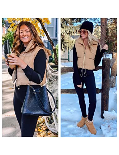 UANEO Cropped Puffer Vest Women Zip Up Stand Collar Sleeveless Padded Crop Puffy Vests (Khaki-M)