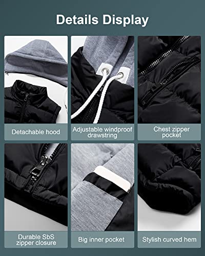 CREATMO US Men's Casual Padded Vest Coats Outdoor Heavy Duty Hooded Vest Sleeveless Jacket Black XL