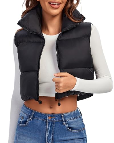 Fuinloth Women's Padded Vest, High Stand Collar Lightweight Zip Crop Puffy Gilet Black S