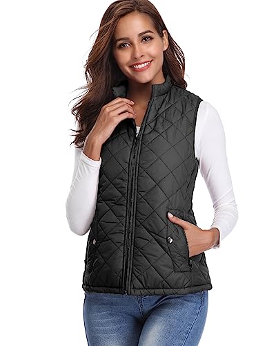 Fuinloth Women's Quilted Vest, Stand Collar Lightweight Zip Padded Gilet Black 2X