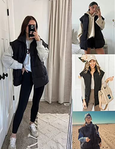 Springrain Womens Oversized Quilted Puffer Vest Padded Warm Winter Jacket with Stand Collar Bubble Puffer Gilet(Black-L)