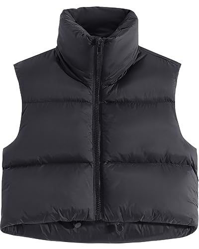 Fuinloth Women's Padded Vest, High Stand Collar Lightweight Zip Crop Puffy Gilet Black S