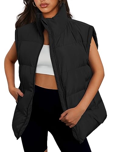 AUTOMET Womens Puffer Vests Fall Fashion Jackets Puffy Outfits 2024 Trendy Sleeveless Long Down Coats Outerwear Quilted Winter Plus Size Bubble Clothes Pocket Black S