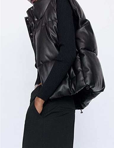 Yidarer Women's PU Leather Puffer Vest Stand Collar Padded Vest Sleeveless Quilted Lightweight Jacket (Black, M)