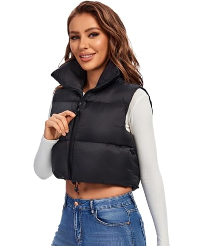 Fuinloth Women's Padded Vest, High Stand Collar Lightweight Zip Crop Puffy Gilet Black S