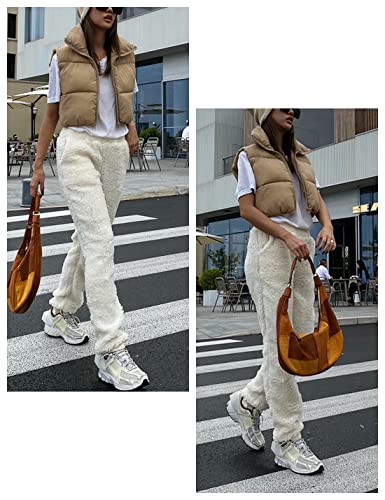 UANEO Cropped Puffer Vest Women Zip Up Stand Collar Sleeveless Padded Crop Puffy Vests (Khaki-M)